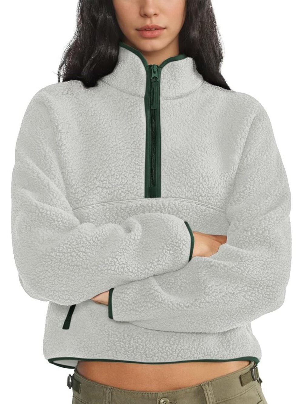 Women Light Grey 100% Polyester Mock-neck Sherpa Fleece Quarter Zip Sweatshirt